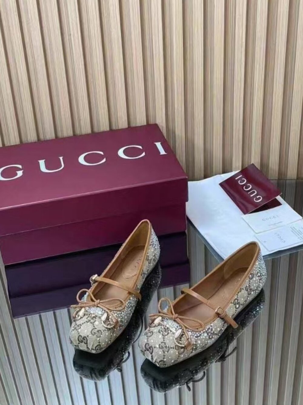 Gucci Monogram Canvas Rhinestone Horsebit Bow Mary‑Jane Flats